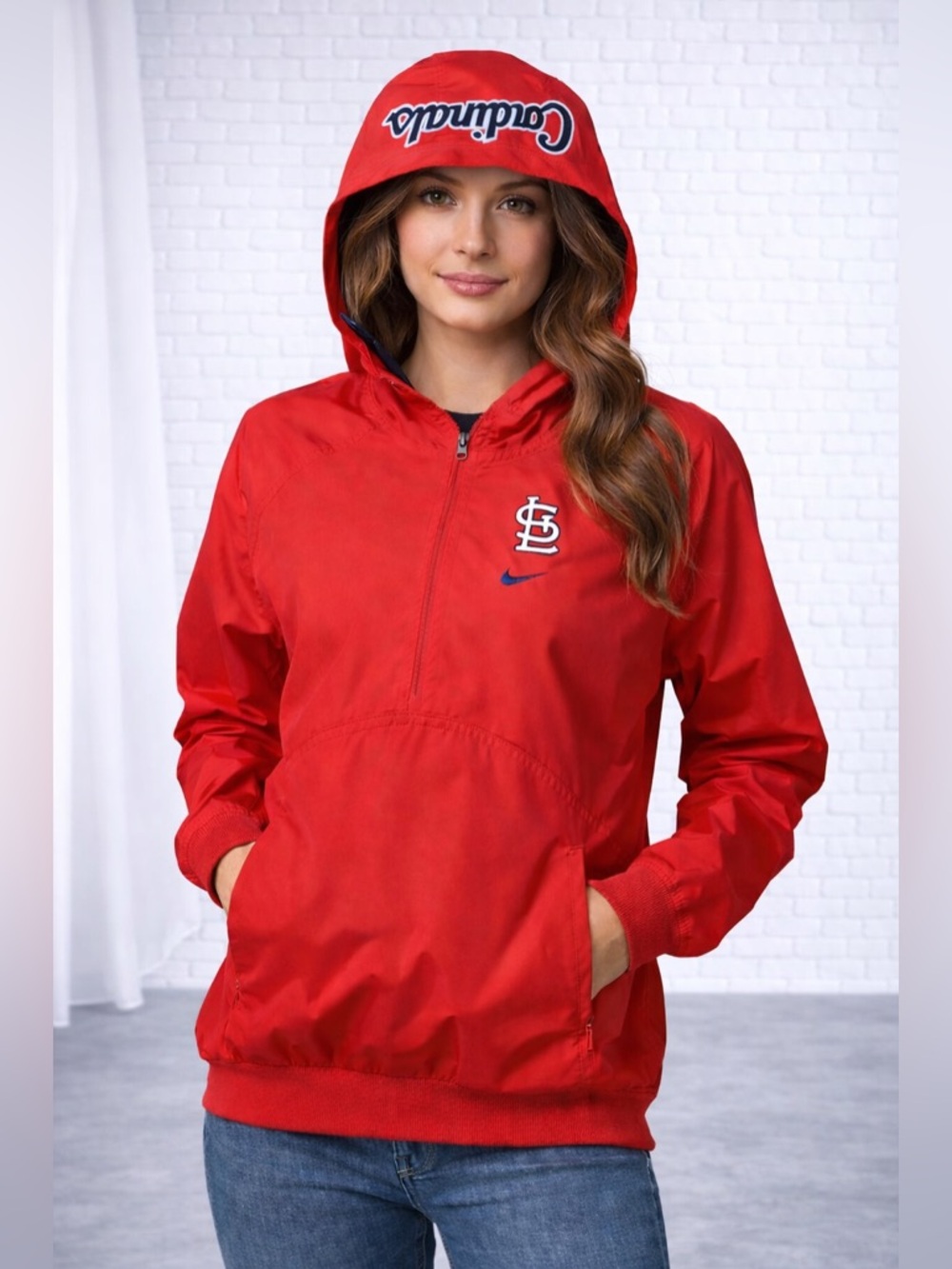 Nike Team St Louis Cardinals Jacket Womens Small Red Hooded Pullon 1/2 Zip MLB